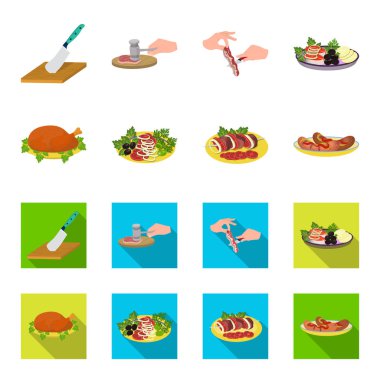 Kızarmış tavuk, sebze salatası, sebzeli şiş kebap, Kızarmış sosis tabakta. Gıda ve yemek toplama simgeler çizgi film, düz stil vektör simge stok çizim web ayarla.
