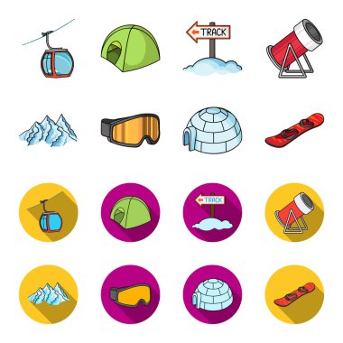 Dağlar, gözlük, bir Eskimo, snowboard. Kayak Merkezi toplama simgeler çizgi film, düz stil vektör simge stok çizim web ayarla..
