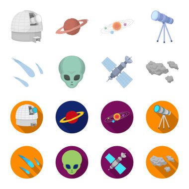 Asteroid, Araba, göktaşı, uzay gemisi, istasyon güneş pilleri ile bir uzaylı yüzü. Çizgi film, düz stil vektör simge stok çizim web simgeler ayarlamak.