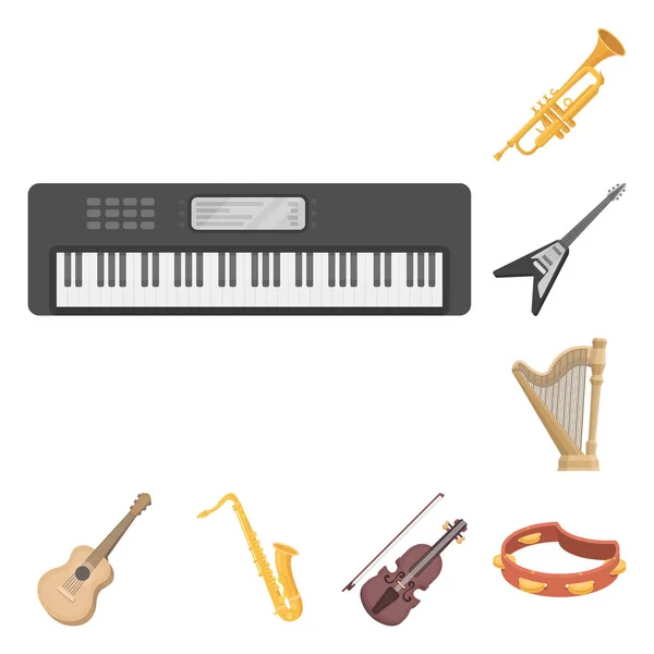 Instrumento musical iconos de dibujos animados en colección de conjuntos para el diseño. Cadena y viento instrumento vector símbolo stock web ilustración . — Vector de stock