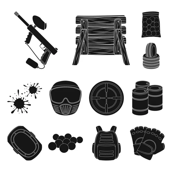 Пейнтбол, черные иконки командной игры в коллекции для дизайна. Иллюстрация векторных символов оборудования и снаряжения . — стоковый вектор