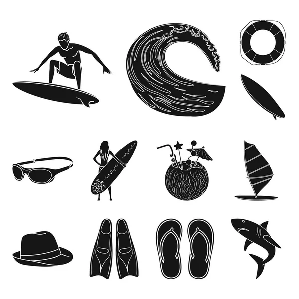 Iconos de surf y negro extremo en la colección de conjuntos para el diseño. Surfista y accesorios vector símbolo stock web ilustración . — Archivo Imágenes Vectoriales