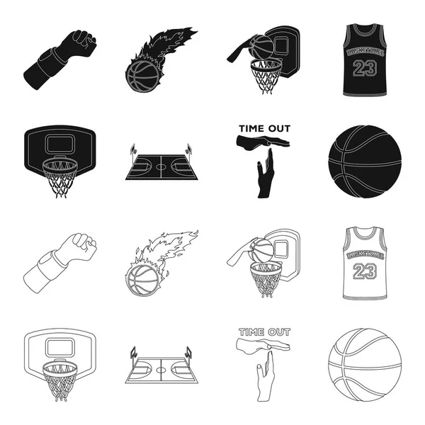 Basquete e atributos preto, ícones de contorno na coleção de conjuntos para design.Basketball jogador e equipamento símbolo vetorial ilustração web estoque . — Vetor de Stock