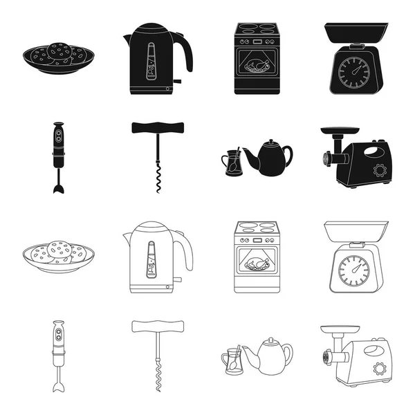 厨房機器、黒いアウトラインのアイコン デザインのセットのコレクション。キッチンとアクセサリーのベクトル シンボル ストック web イラスト. — ストックベクタ