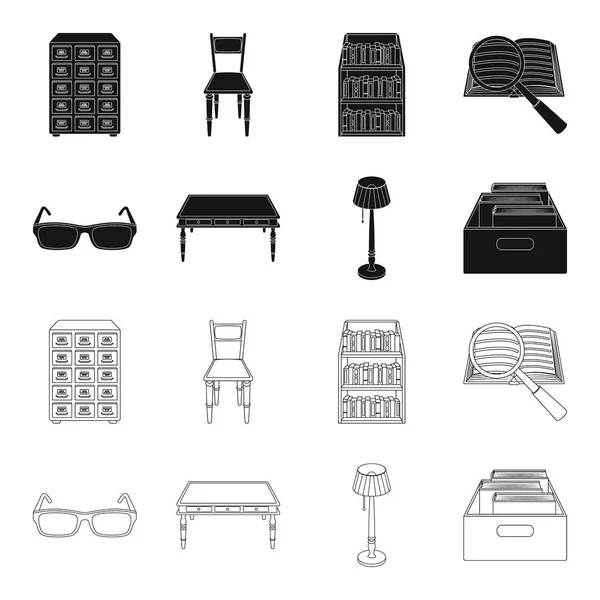 Gafas, una mesa de madera, una lámpara de pie, una caja con libros. Una biblioteca y una librería establecen iconos de colección en negro, contorno estilo vector símbolo stock ilustración web . — Vector de stock