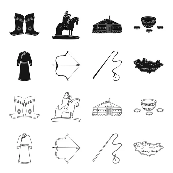 .Mongoolse gown, slag bij boog, Theriiformes dressing op de kaart, Urga, Khlyst. Mongolië instellen collectie iconen in zwart, overzicht stijl vector symbool stock illustratie web. — Stockvector