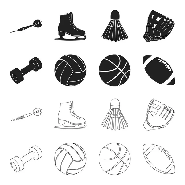 Синий гантель, белый футбольный мяч, баскетбол, регби. Иконки коллекции спортивных наборов в черном цвете, векторные символы набросков иконок . — стоковый вектор