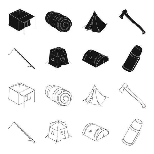 Spinning for fishing, tent, thermos.Tent set collection icons in black, outline style vector symbol stock illustration web . — стоковый вектор