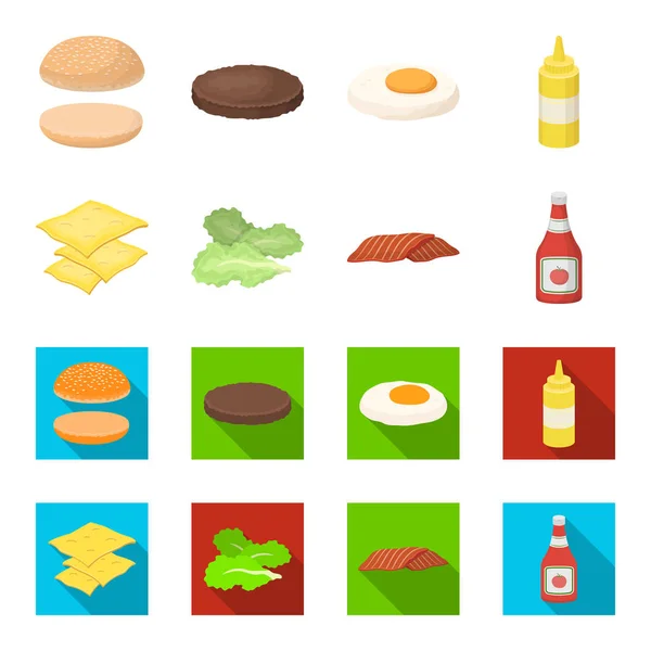 Hamburguesa y dibujos animados ingredientes, iconos planos en la colección de conjuntos para el diseño. Burger cocina vector símbolo stock web ilustración . — Vector de stock