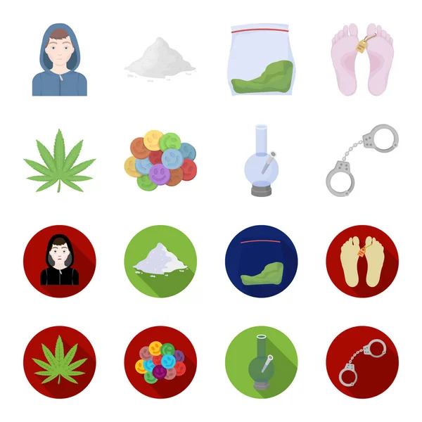 Hemp leaf, ecstasy pill, handcuffs, bong.Drug set collection icons in cartoon,flat style vector symbol stock illustration web. — Stock Vector