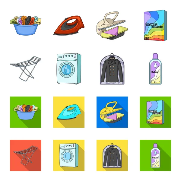 Secadora, lavadora, ropa limpia, lejía. Conjunto de limpieza en seco iconos de la colección en dibujos animados, vector de estilo plano símbolo stock ilustración web . — Archivo Imágenes Vectoriales