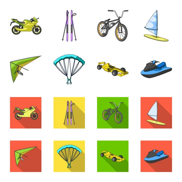 Hang glider, parachute, racing car, water scooter.Extreme sport set collection icons in cartoon,flat style vector symbol stock illustration web. — Stock Vector