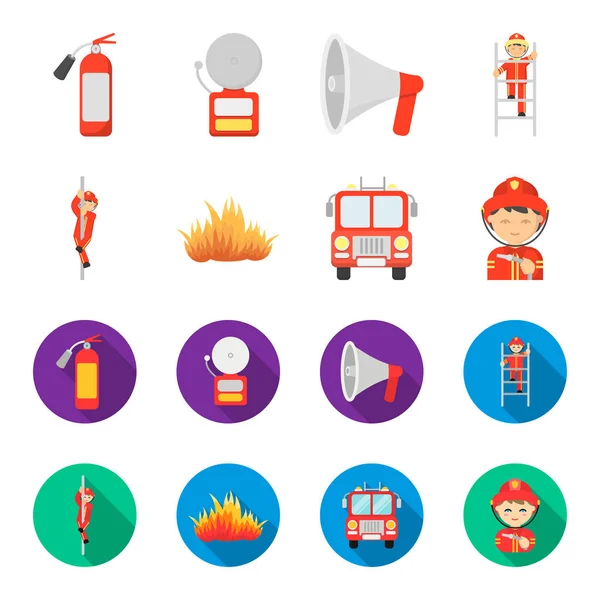 Bombero, llama, camión de bomberos. Departamento de bomberos set colección iconos en dibujos animados, vector de estilo plano símbolo stock ilustración web . — Vector de stock