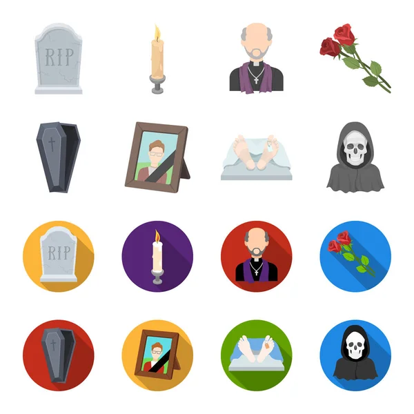 Tabut bir kapak ve bir haç, merhum yas kurdele ile bir ceset morgda etiket, ölüm bir başlıklı tablo bir fotoğraf ile. Cenaze töreni karikatür koleksiyonu Icons set — Stok Vektör