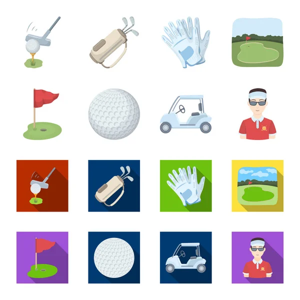 Campo com um buraco e uma bandeira, uma bola de golfe, um golfista, um cartão de golfe elétrico.Golf clube conjunto coleção ícones em desenhos animados, estilo plano símbolo vetorial web ilustração . — Vetor de Stock