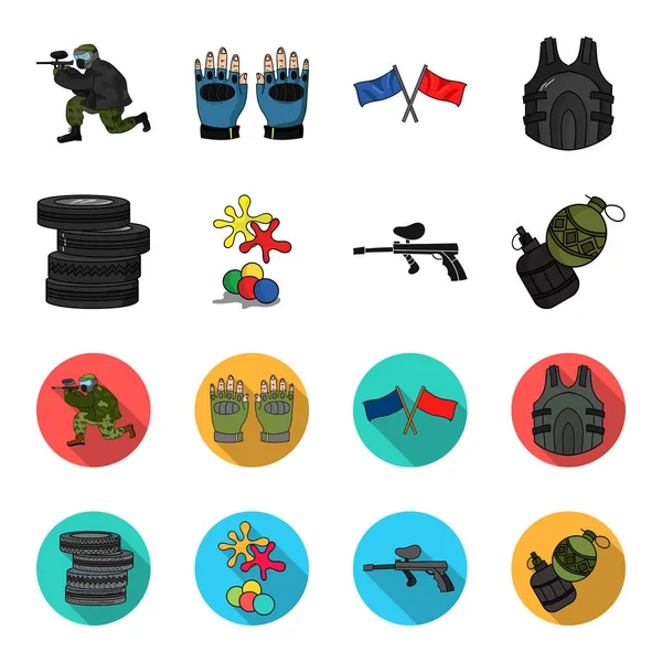 Competencia, concurso, equipo, neumáticos .Paintball conjunto de iconos de la colección en la historieta, el estilo plano vector símbolo stock ilustración web . — Archivo Imágenes Vectoriales