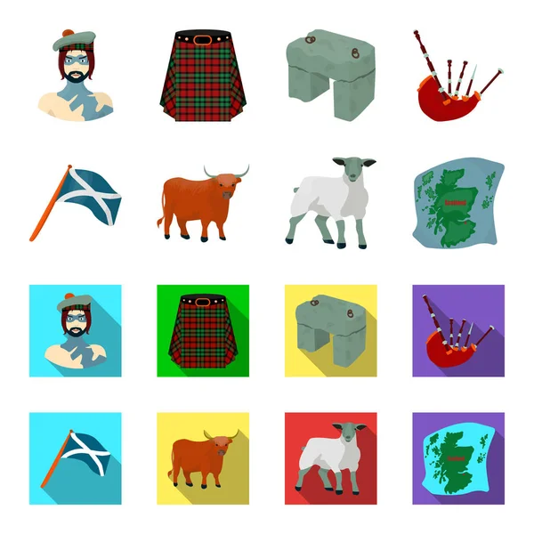 A bandeira do estado de Andreev, Escócia, o touro, as ovelhas, o mapa da Escócia. Escócia conjunto coleção ícones em desenhos animados, estilo plano símbolo vetorial ilustração web . — Vetor de Stock