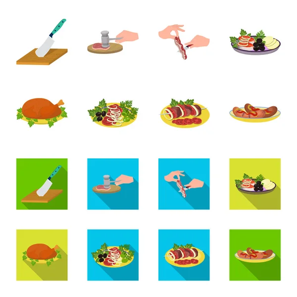 Pollo frito, ensalada de verduras, shish kebab con verduras, salchichas fritas en un plato. Comida y cocina conjunto colección iconos en dibujos animados, vector de estilo plano símbolo stock ilustración web . — Vector de stock