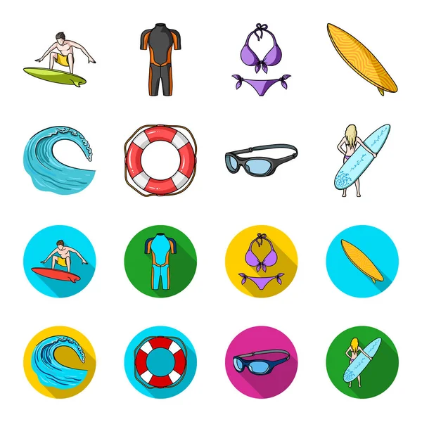 Oncoming wave, life ring, goggles, girl surfing. Surfing set collection icons in cartoon,flat style vector symbol stock illustration web.