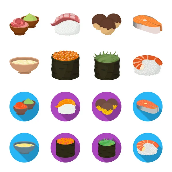 Cuenco de sopa, caviar, camarones con arroz. Conjunto de iconos de colección de sushi en dibujos animados, vector de estilo plano símbolo stock ilustración web . — Vector de stock