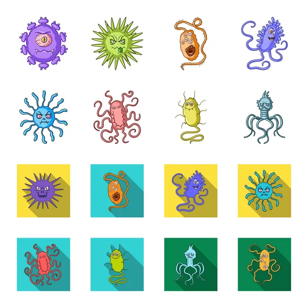 Различные типы микробов и вирусов. Вирусы и бактерии набора иконок коллекции в мультфильме, плоский стиль векторных символов иконок паутины . — стоковый вектор