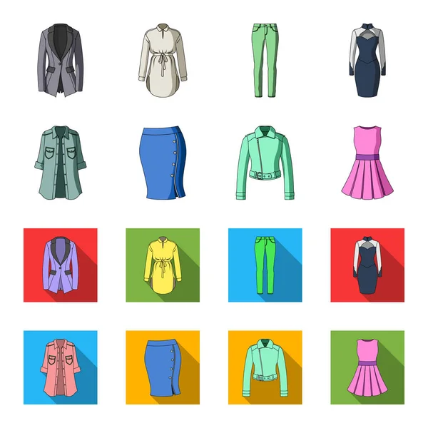 Vrouwen kleding tekenfilm, vlakke pictogrammen in set collectie voor design. Variëteiten van de kleding en accessoires symbool voorraad web vectorillustratie. — Stockvector