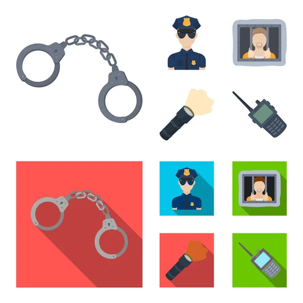 Esposas, policía, prisionero, linterna. Iconos de colección conjunto de policía en la historieta, estilo plano vector símbolo stock ilustración web . — Archivo Imágenes Vectoriales