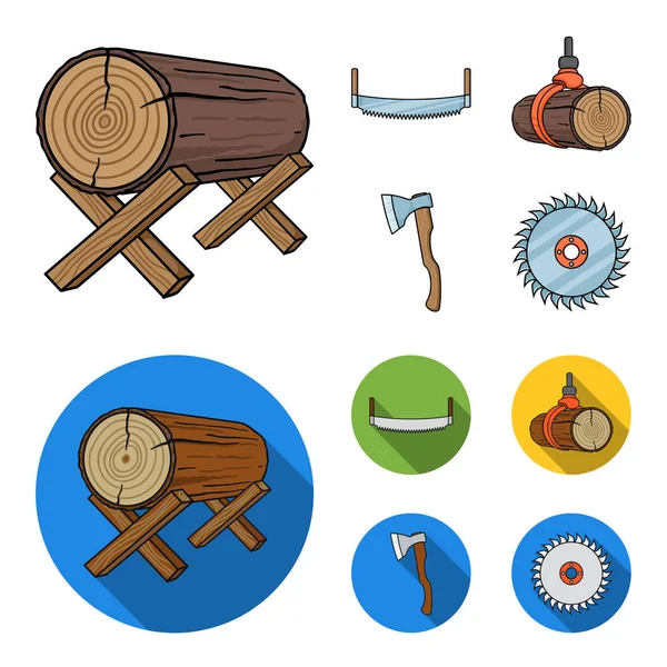 登录支持, 双手锯, 斧头, 提高日志。锯木厂和木材集合图标在卡通, 平面风格矢量符号股票插画网站. — 图库矢量图片
