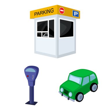 Set koleksiyonu tasarım için araba karikatür simgeleri için park yeri. Ekipman ve hizmet vektör simgesi web illüstrasyon stok.