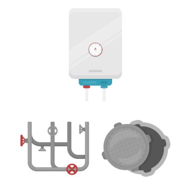 Sıhhi tesisat, set koleksiyonu tasarım için karikatür simgeleri uydurma. Cihazlar ve sembol stok web illüstrasyon vektör.