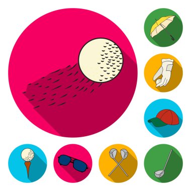 Golf ve öznitelikleri set koleksiyonu tasarım için simgeleri düz. Golf Kulübü ve ekipman sembol stok web illüstrasyon vektör.