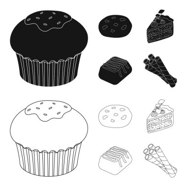 Amerikan kurabiye, kek, şeker, gofret tübül bir parçası. Çikolatalı tatlılar toplama simgeler siyah, anahat stili vektör simge stok çizim web içinde ayarla..