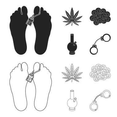 Kenevir yaprak, ecstasy hap, kelepçe, bong. İlaç toplama simgeler siyah, anahat stili vektör simge stok çizim web içinde ayarla..