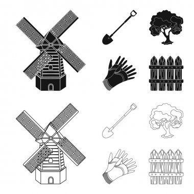 Bir çiftlikte, ahşap bir çit çalışmak için bir kürekle bir kolu, bahçede bir ağaç, eldiven. Çiftlik ve siyah, anahat stili vektör simge stok çizim web Bahçe küme koleksiyon simgeler.