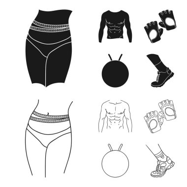 Erkek torso, jimnastik eldiven, top, spor ayakkabı atlama. Fitnes toplama simgeler siyah, anahat stili vektör simge stok çizim web içinde ayarla..