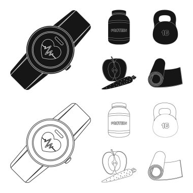 Protein, vitamin ve diğer ekipman eğitim için. Spor ve egzersiz toplama simgeler siyah, anahat stili vektör simge stok çizim web ayarla.