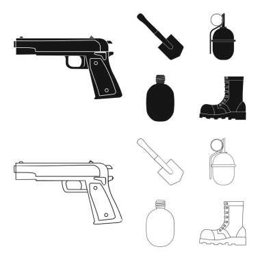 Kazmacı blade, el bombası, ordu flask, asker önyükleme. Askeri ve ordu toplama simgeler siyah, anahat stili vektör simge stok çizim web ayarla.