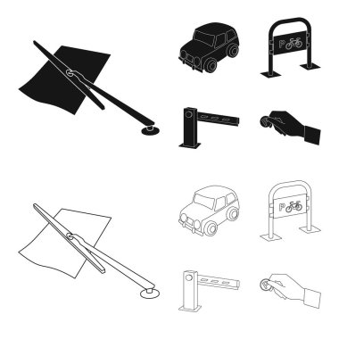 Araban, bariyer, Bisiklet park yeri, para el için ödeme Park. Buraya park edilmez toplama simgeler siyah, anahat stili vektör simge stok çizim web içinde ayarla..