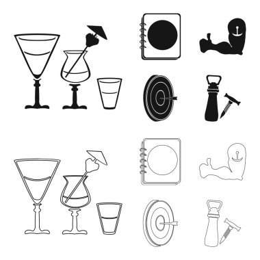 Menü, zırh dövme, Dart, tirbuşon ve açacağı ile. Pub toplama simgeler siyah, anahat stili vektör simge stok çizim web içinde ayarla..