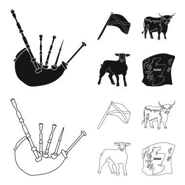 Andreev, İskoçya, boğa, koyun, İskoçya Haritası Devlet bayrağı. İskoçya toplama simgeler siyah, anahat stili vektör simge stok çizim web içinde ayarla..