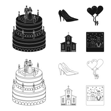 Düğün ve öznitelikleri çizgi film, düz, anahat, siyah simgeler set koleksiyonu tasarım için. Sembol stok web illüstrasyon vektör yeni evliler ve aksesuarları.