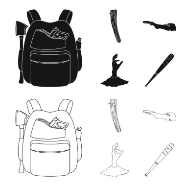 Zombiler ve öznitelikleri siyah, set koleksiyonu tasarım için anahat simgeleri. Ölü adam vektör simge stok web çizim.