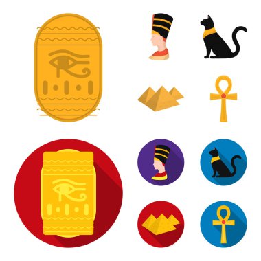 Göz Horus, siyah Mısır kedi, piramitler, Nefertiti.Ancient Mısır baş toplama simgeler çizgi film, düz stil vektör simge stok çizim web ayarla..