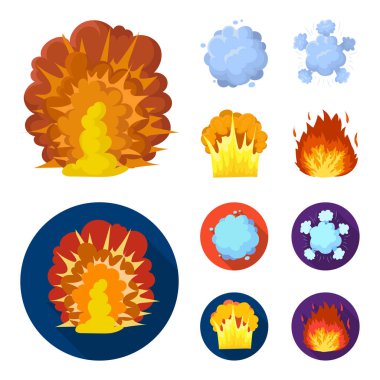 Alevi, kıvılcım, hidrojen parçaları, atom veya gaz patlaması. Patlamalar toplama simgeler çizgi film, düz stil vektör simge stok çizim web ayarla..