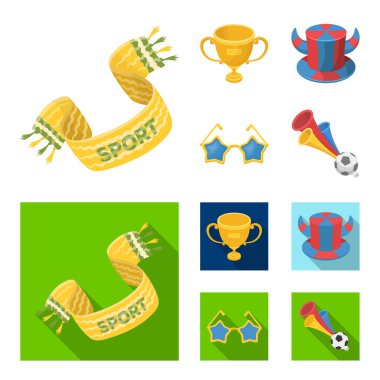 Bir eşarp, boynuzları olan bir şapka ve diğer öznitelikleri fanlar. Çizgi film, düz stil vektör simge stok çizim web simgeler hayranları ayarla.