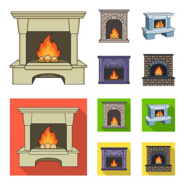 Yangın, sıcaklık ve konfor. Şömine toplama simgeler çizgi film, düz stil vektör simge stok çizim web ayarla..