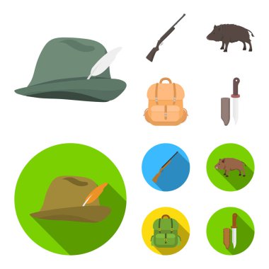 Bir tüy, yaban domuzu, bir tüfek, bir sırt çantası ile şeyler ile avcılık şapka. Avcılık toplama simgeler çizgi film, düz stil vektör simge stok çizim web ayarla..
