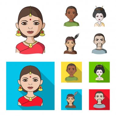 Hintli kadın, Afrika, Japon, Hint. İnsan ırkının toplama simgeler çizgi film, düz stil vektör simge stok çizim web ayarla..