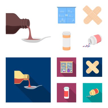 Bir kaşık, alçı, tatlım, tıp kabine şurubu. İlaç toplama simgeler çizgi film, düz stil vektör simge stok çizim web ayarla..