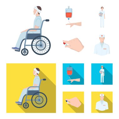 Travma, kan nakli, Doktor, bir doktorun elinde ilaç ile geçersiz. Medicineset toplama simgeler karikatür, düz stil vektör simge stok çizim web.